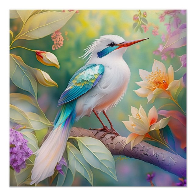Póster Ave de Fantasia com Asa de Azul Iridescente com To (Frente)