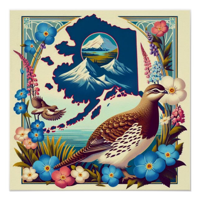 Póster Ave e Design de Flor do Estado do Alasca dos EUA (Frente)