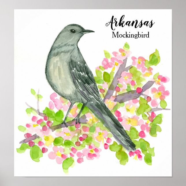 Póster Ave Estatal de Arkansas Mockingbird Flowers (Frente)