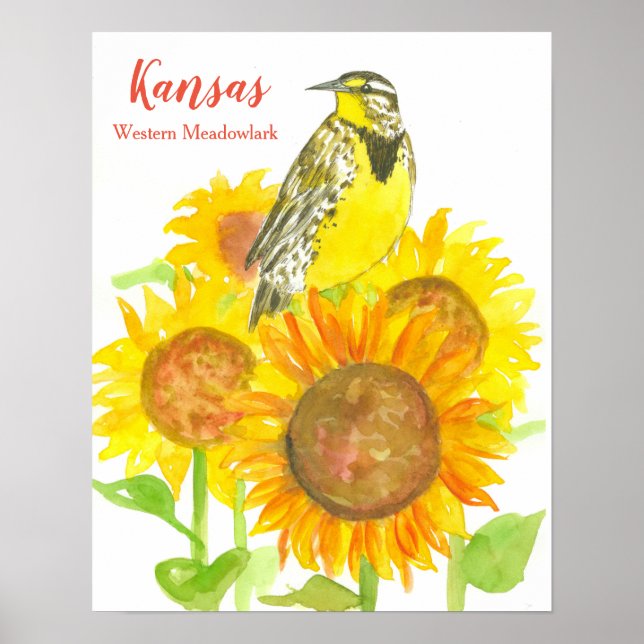 Póster Ave Estatal de Kansas Meadowlark Sunflower (Frente)