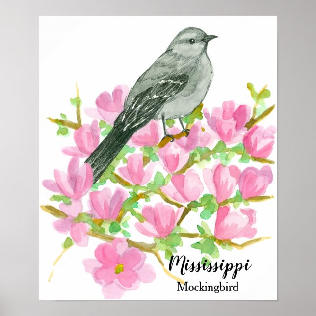 Poster Ave Estatal de Mississippi Mockingbird Watercolor (Frente)