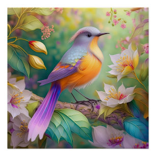 Póster Ave Fantasia com Cabeça de Lavanda e Peito Laranja