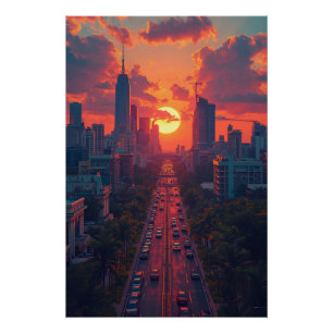 Póster Avenida Pôr do Sol Dourado – Poster de Paisagem Ur