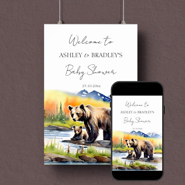 Poster Aventura aguarda sinal de boas-vindas ao chá de fr (Adventure awaits national parks themed baby shower welcome sign poster digital download bear cub mom)