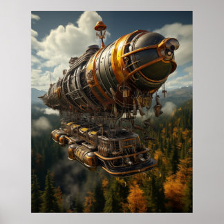Poster Aventura Automática Steampunk Zeppelin sobre a Flo