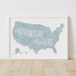 Poster Aventura Azul Aguarda Mapa dos EUA Decoração de Qu