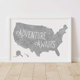Poster Aventura Cinzenta Espera por Nós Mapa Decoração de