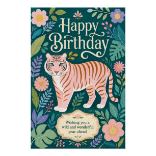 Póster Aventura de Aniversário do Tigre Rosa Selvagem