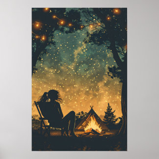 Poster Aventura de Camping Noturno da Garota Silhouette