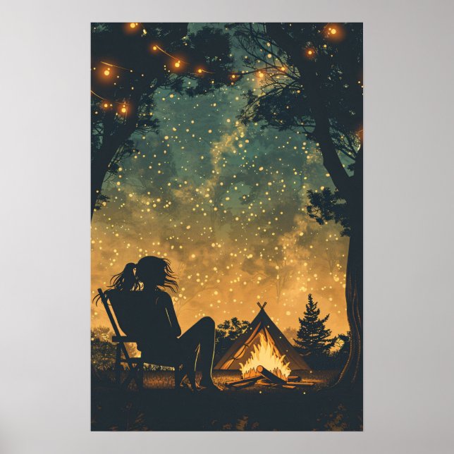 Poster Aventura de Camping Noturno da Garota Silhouette (Frente)