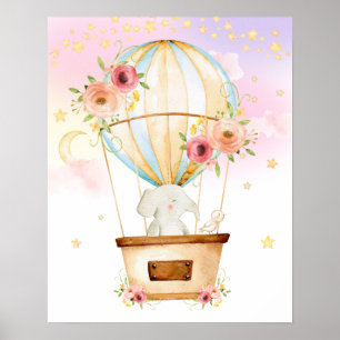 Poster Aventura de Elefante de Balão de Ar Quente Rosa