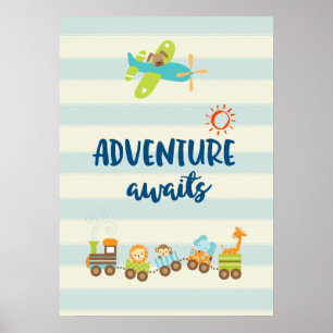 Poster Aventura de Trem de Brinquedo e Avião com Animais 