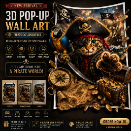 Poster Aventura do Gato Pirata Arte de Parede 3D Pop-Up P