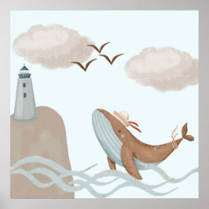 Poster Aventuras de Baleia - Arte Costeira para Crianças 