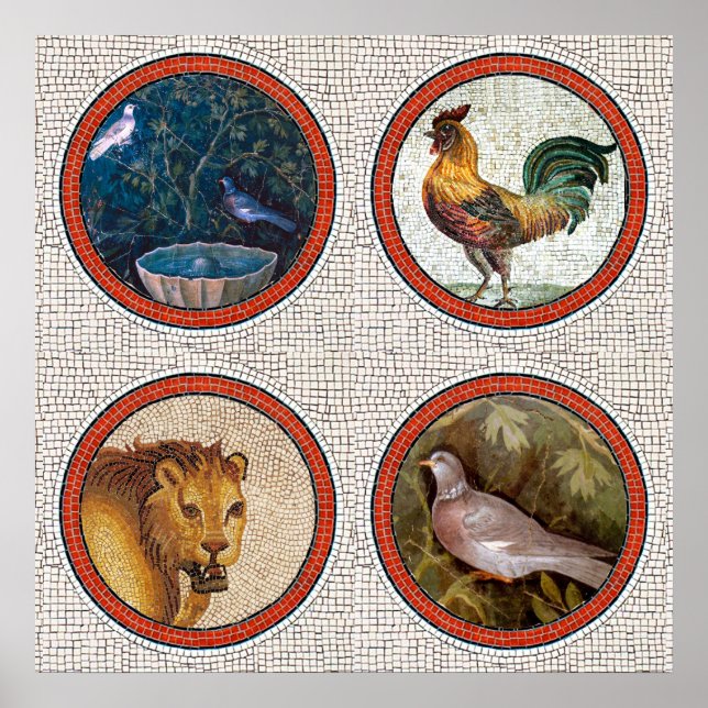 PÓSTER AVES ANTICOS ROMAN MOSAICS, ROOSTER E LION (Frente)