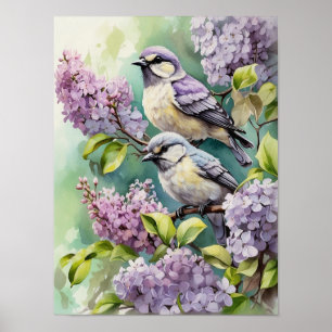 Poster Aves Aquarelas com Flores Liláticas Bloqueantes