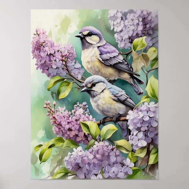 Poster Aves Aquarelas com Flores Liláticas Bloqueantes (Frente)