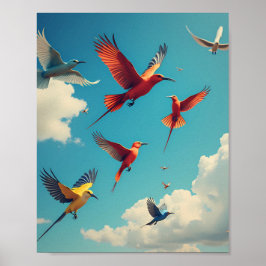 Poster Aves coloridas num céu azul