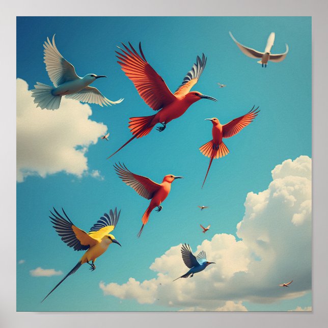 Poster Aves coloridas num céu azul (Frente)