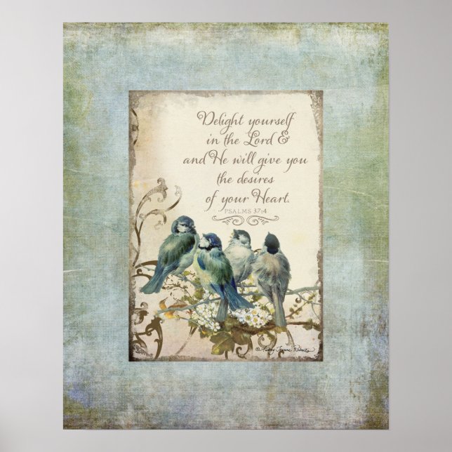 Poster Aves da Madeira - Aves-Bluebird num Branch Floral (Frente)