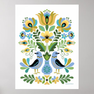 Poster Aves de Arte Familiares Húngaras em Azul e Dourado