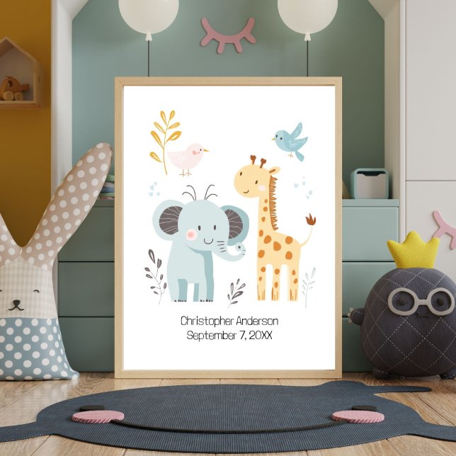 Poster Aves de Girafa de Elefante Bonito Personalizadas (Personalized Birth Stats Nursery Wall Art. Design is Elephant Giraffe and Birds. Add babies name )