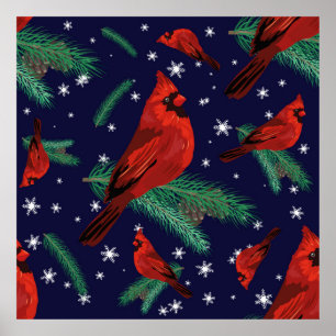 Poster Aves de inverno - cardeais em ramos de árvores de