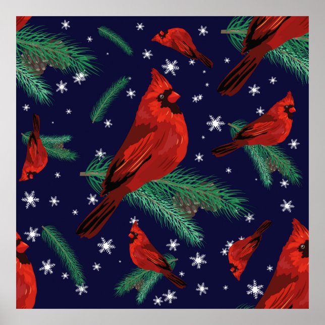 Poster Aves de inverno - cardeais em ramos de árvores de  (Frente)