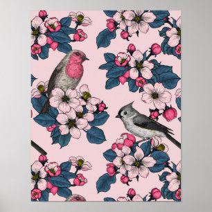 Poster Aves e Blossomas a rosa
