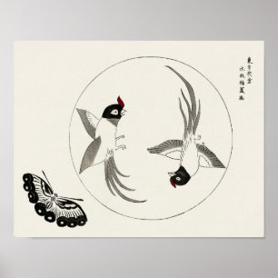 Poster Aves e Borboleta por Taguchi Tomoki (1860-1869)