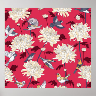 Poster Aves e Chrysanthemum: Vintage Floral