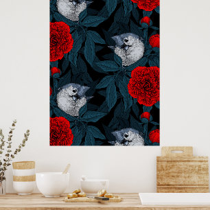 Poster Aves e flores vermelhas de pénia com folhas azuis