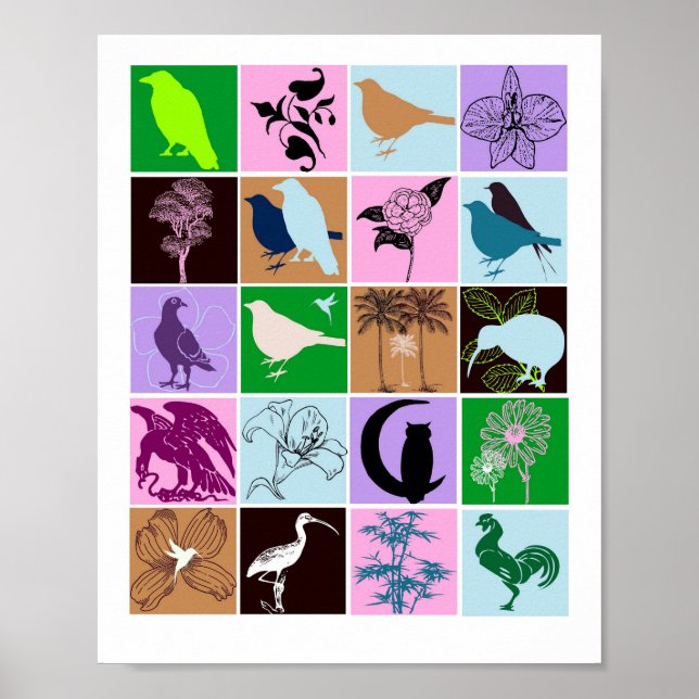 Poster Aves e Plantas Silhouette Animal Collage Art (Frente)