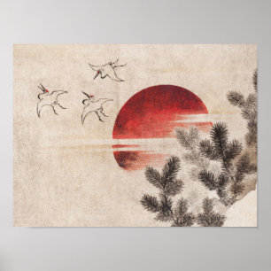 Poster Aves e pôr do sol de Katsushika Hokusai (1814)