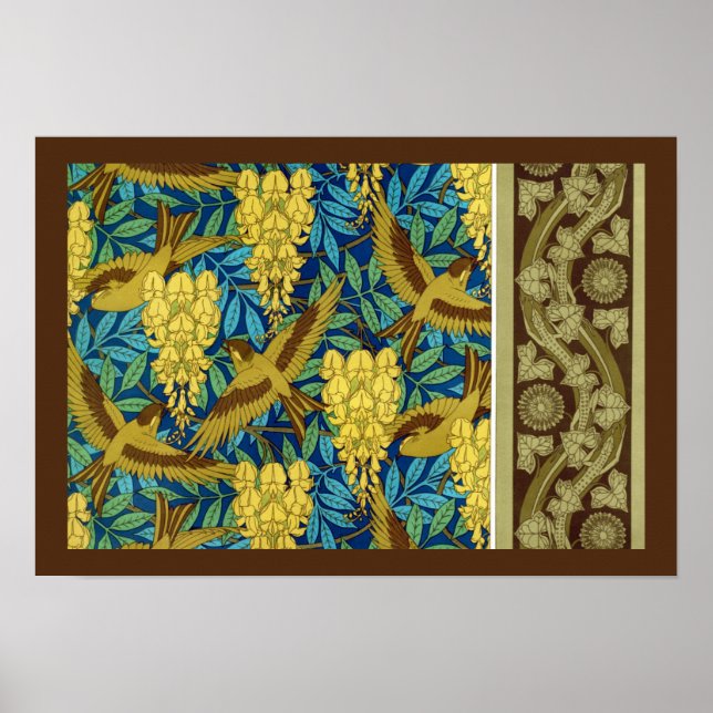 Poster Aves e wisteria Verneuil azul-amarelo (Frente)