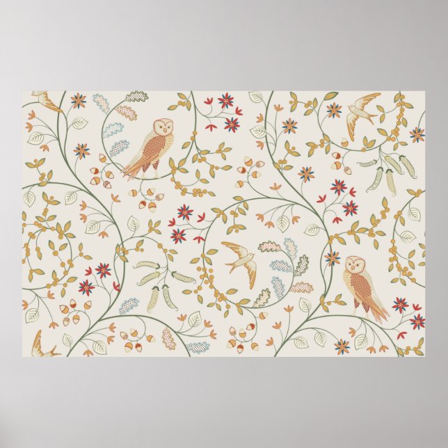 Poster Aves em folhagem com flores, palha sem costura (Frente)