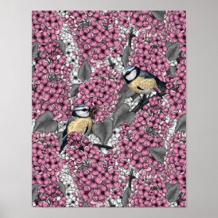 Poster Aves em jardim lilás cor-de-rosa