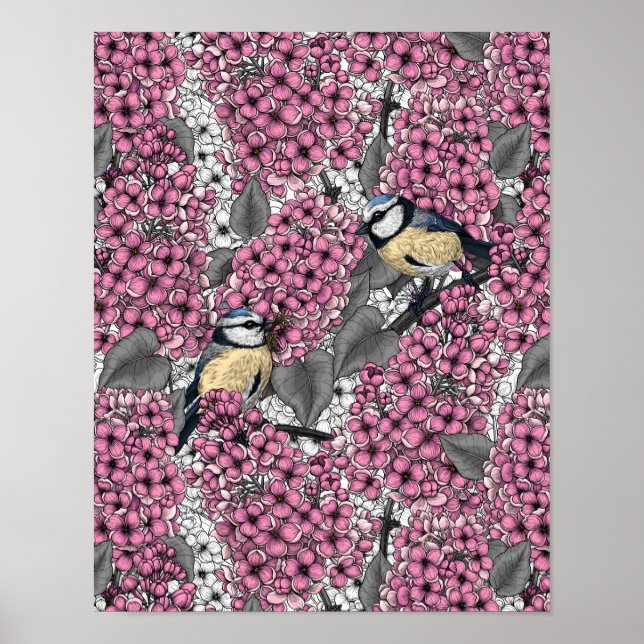 Poster Aves em jardim lilás cor-de-rosa (Frente)