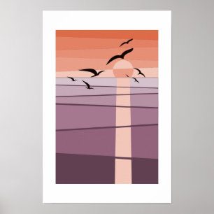 Poster Aves Marinhas Voadoras no Pôr do Sol Arte Roxa Lar
