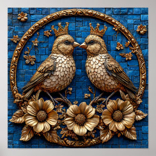 Poster ✨ Aves Mosaico Dourado Coroa Real Simetria Parede 