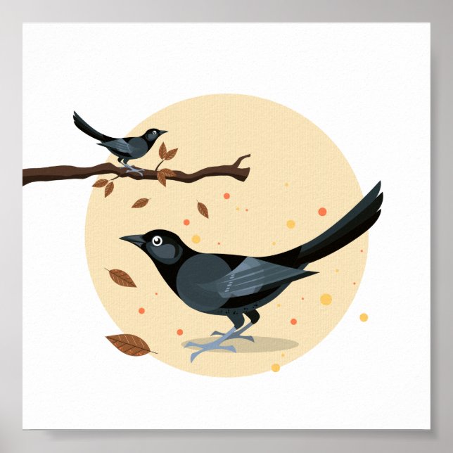 Poster Aves negras ilustradas no outono (Frente)