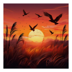Póster Aves no Brilho do Sol - Cena Natural Serena