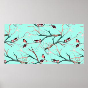 Poster Aves nos ramos das árvores pintadas à mão