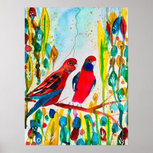 Poster Aves rosella na arte aquática das árvores