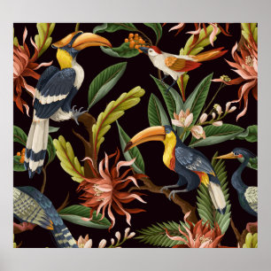 Poster Aves Tropicais: Folhas Vintage e Flores