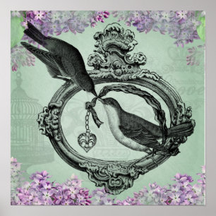 Poster Aves Vintage com Roupa e presentes no coração