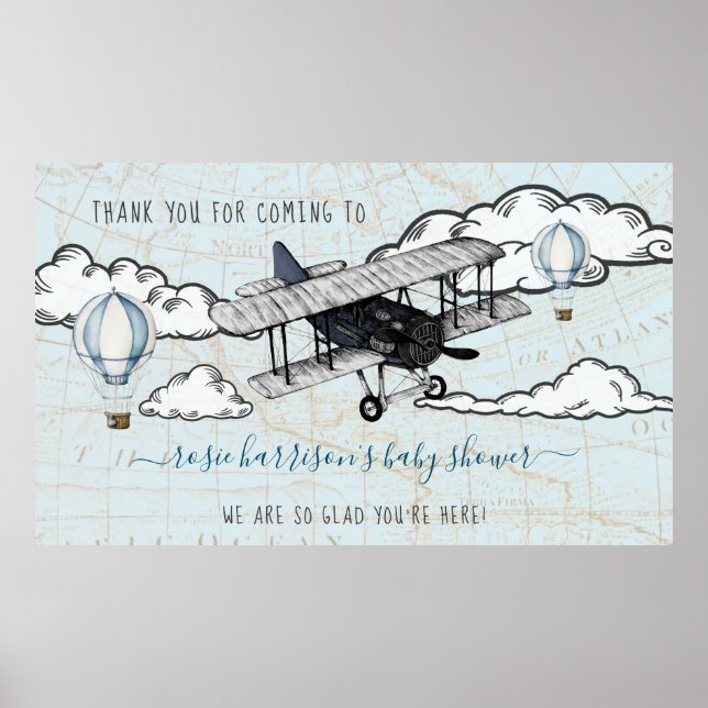 Poster Avião Antigo | Bem-vindo ao Chá de Bebê Viagem  (Frente)