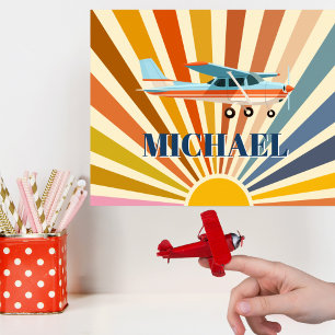 Poster Avião Antigo Cessna Pôr do Sol Retro Personalizado