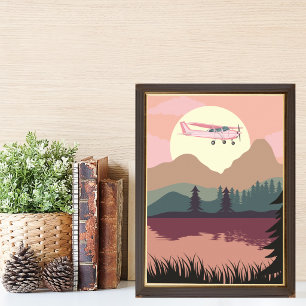 Poster Avião Cessna Rosa Voando Pôr do Sol Lago Floresta