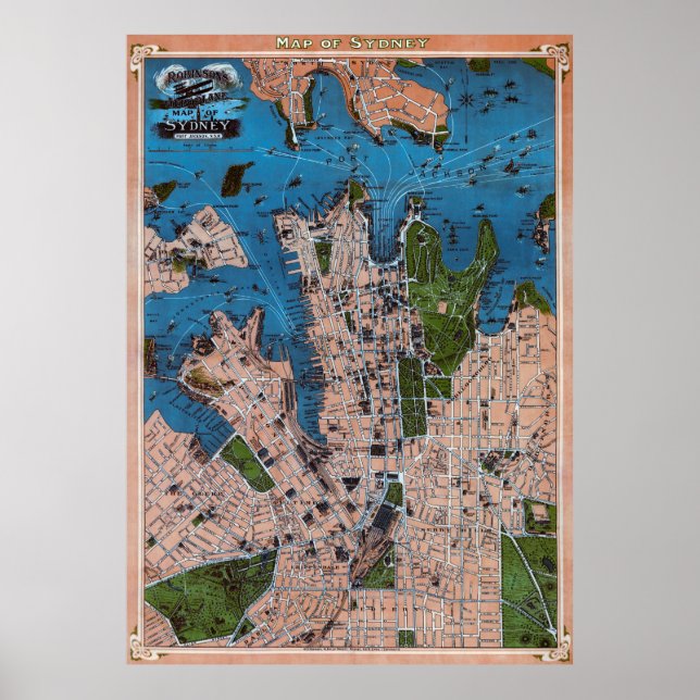 POSTER AVIÃO MAPA DE SYDNEY AUSTRALIA 1922 (Frente)